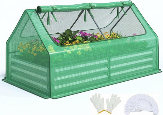 Quictent 6x3x1ft Galvanized Raised Garden Bed with Cover Metal Planter Bottomless Box w/ 2 Large Screen Windows Mini Greenhouse 20pcs T-Tags 1 Pair Gloves Outdoor Growing Vegetables (Green)