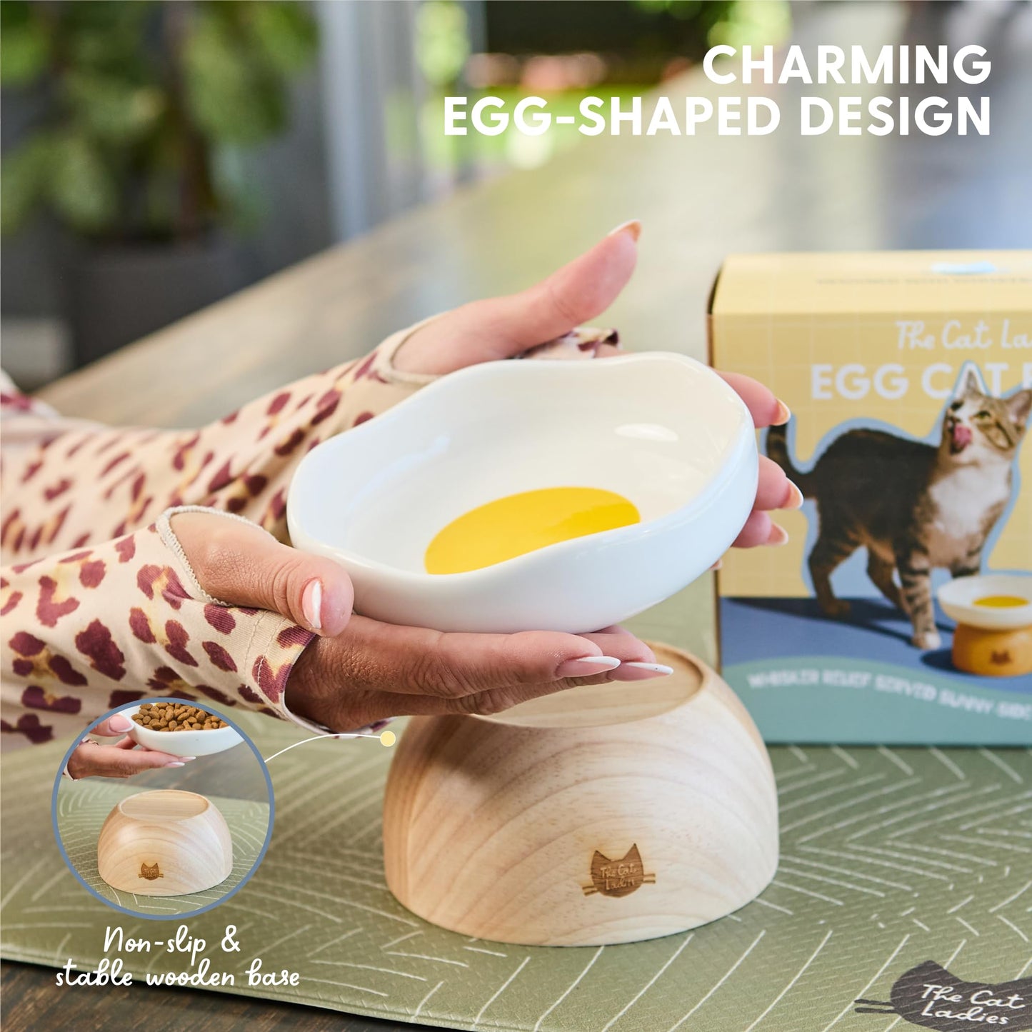 The Cat Ladies Egg Cat Food Bowl - Cute Cats Bowl - Elevated Ceramic Food Bowls - Ceramic Raised Food Bowls - Elevated for Spinal Alignment - Prevents Whisker Fatigue - Wood StandCat Bowl