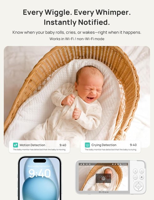 Dr.Care VistaView 5” Smart WiFi Baby Monitor - 2K HD Camera, Night Vision, 5000mAh Battery, App Control