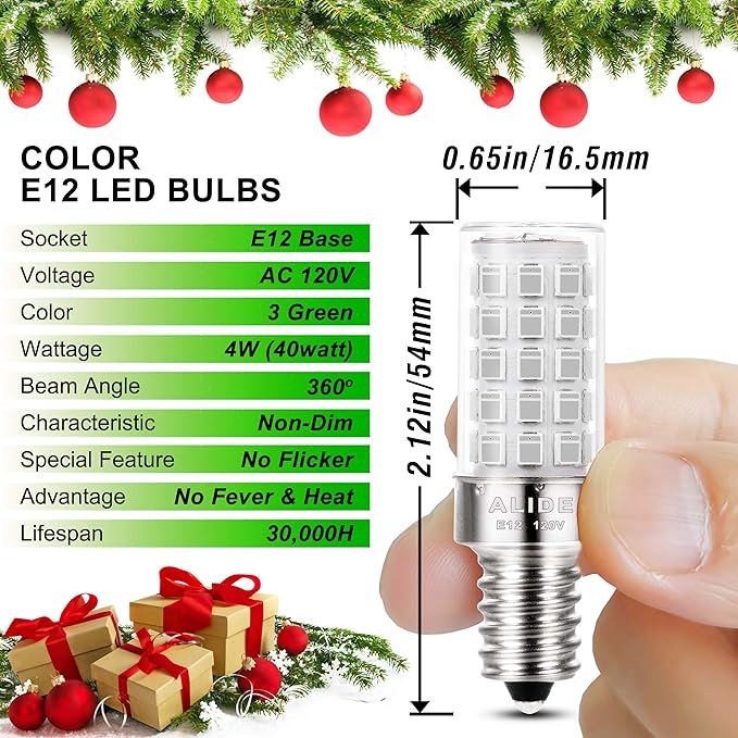 ALIDE E12 LED Candle Green Light Bulb,4W, 40Watt Equivalent E12 Small Base C7 T6 Green LED Bulb for Christmas Holiday Festival Party Decoration Porch Home Lighting Chandelier Candelabra,3Pack