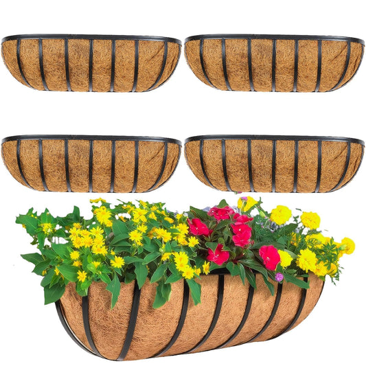 ZVOWOS 4 Pack 24" Railing Planter Window Box with Coco Fiber Liner Horse Trough Planter The Railing Planter Boxes for Deck Porch Fence Outdoor