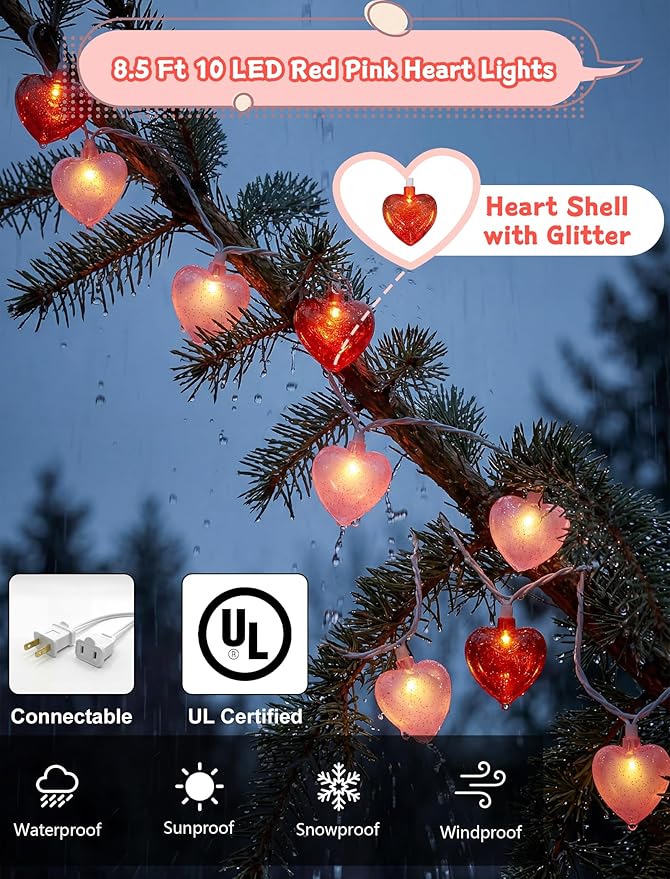 8.5 Ft Heart String Lights, Valentines Day Decorations Lights with 10 LED Glitter Red Pink Heart Lights, Plug in Fairy String Lights for Wedding Anniversary Party Valentine's Day