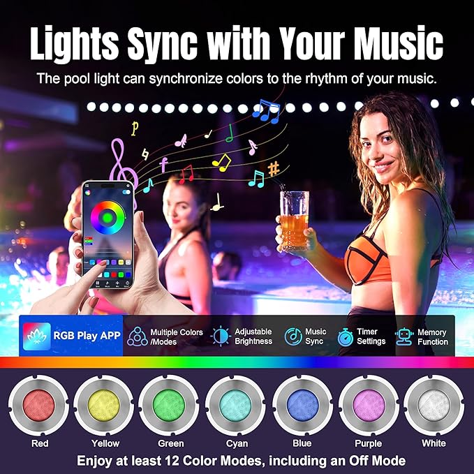 1.5 Inch LED RGBW Multicolor Inground Pool Light and Spa Light, IP68 Waterproof, AC 120V, 100ft Cable with Controller, APP & Remote Control