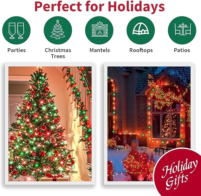 LAMPHOME 99ft Christmas Decorative Mini Lights, 300 LED Transparent Wire Fairy Starry String Light Plug in, 16Lighting Modes for Indoor Outdoor Xmas Tree Wedding Party Decoration (Red and Green)