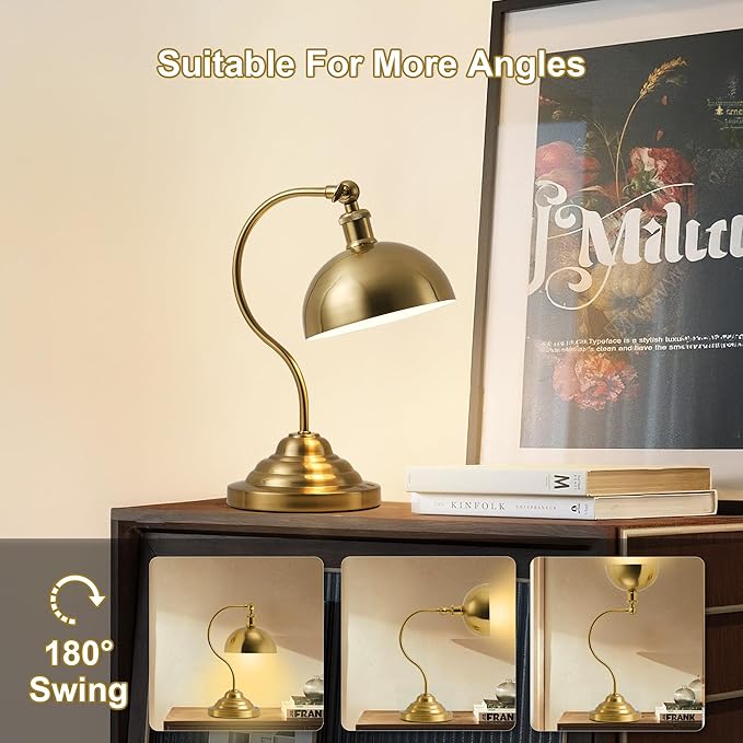 Cordless LED Table Lamp Set of 2, Battery Operated Desk Lamps with Swing Arm & Plastic Shade, Vintage Small Rechargeable Dimmable Light for Bedroom, Living Room, Nightstand, Brass