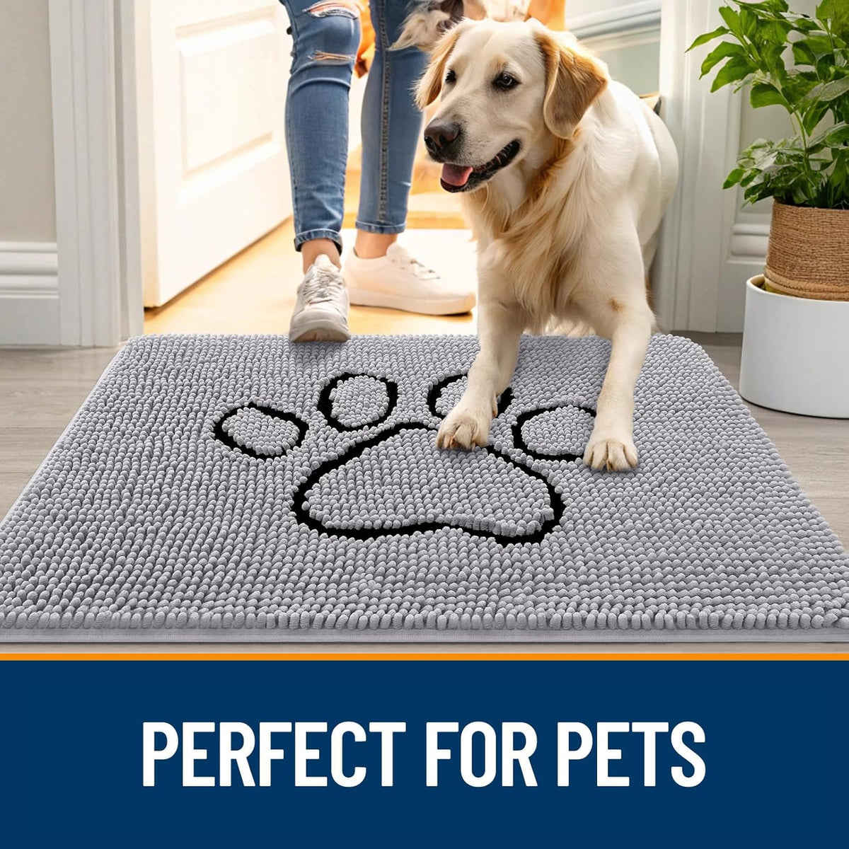 OLANLY Dog Door Mat - Absorbent Muddy Paws Doormat | Non-Slip Chenille, Quick Dry, 48x30, Light Grey