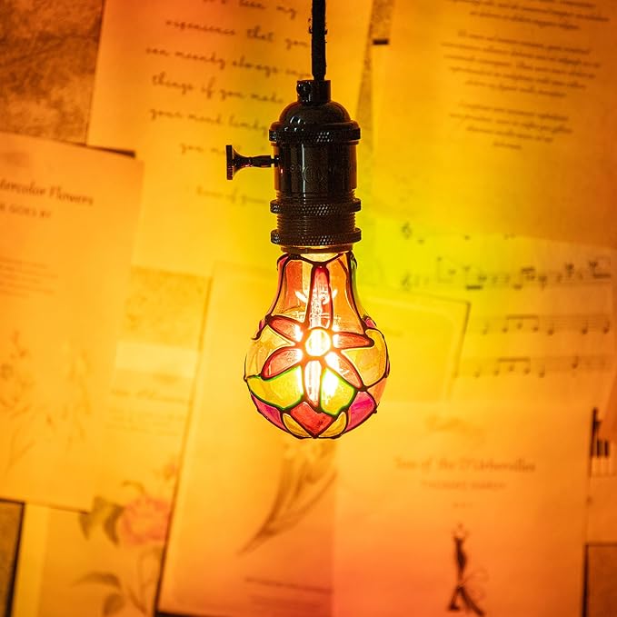 Stained Glass Light Bulb, Stain Tinted Glass Light Bulbs Indoor, 4W 120V, E26 Rainbow Painted Mosaic Bulb, Multi Colored Colorful Bulbs Indoor, Fun Romantic Unique Decorative Lighting for Lamp