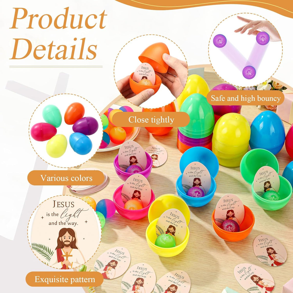 Wettarn 36-Piece Christian Easter Egg Set - Jesus is the Light Bouncy Balls & Cards for Basket Stuffers