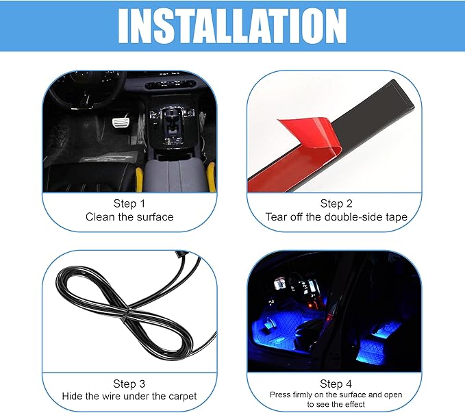 Car LED Strip Light, 24 LED RGB Neon Auto Interior Atmosphere Lights, 12V Cigarette Lighter Under Dash Ambient Night Light, Auto Decorative Lamp Accessory for Car Truck (Blue, Cigar Lighter)
