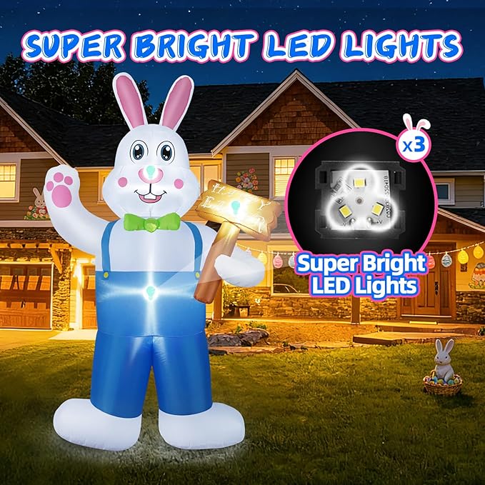B&D 6FT Easter Inflatables Outdoor Decorations Blow Up Inflatable Bunny Holding A Sign Built-in LEDs, Happy Easter Decorations Inflatable Rabbit for Holiday Party Indoor Outdoor Yard Garden Lawn