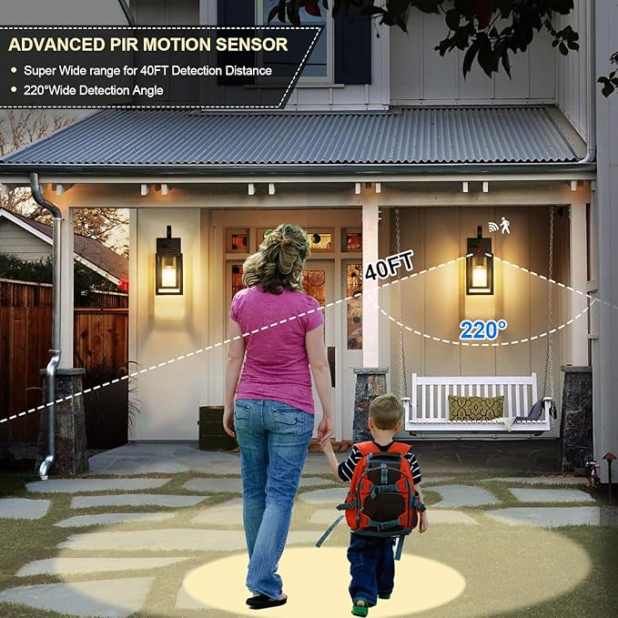 Upgraded Motion Sensor Outdoor Wall Lighting Fixtures, Dusk to Dawn Coach Lamps Outdoor Wall Sconces with Clear Glass, Modern Black Outside Wall Mount Lantern for Front Door, Porch, Garage