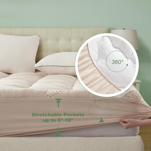 BEDLORE King Mattress Topper Viscose Derived from Bamboo, Thick Pillow Top Mattress Pad with Stretchable Pockets for 6"-18" Mattress, Soft Breathable Mattress Topper for Back Pain Relief(Beige)