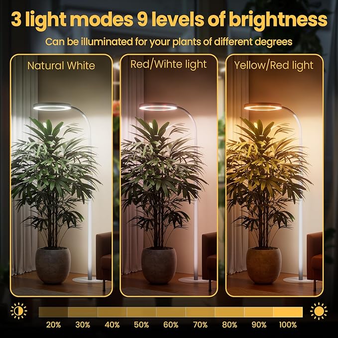 Plant Grow Light for Indoor Plants, Full Spectrum Grow Lamp with Pedestal Stand, Automatic Timer for 3H/9H/12H, Height Adjustable 51-67in White