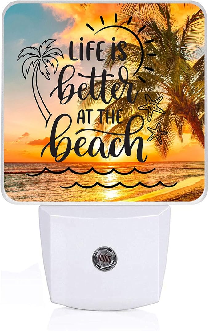 Sea Beach Palm Tree Night Light, Plug-into Wall Life is Better at The Beach Nightlight Lamp with Dusk to Dawn Sensor, Led Lamp 0.5W Energy Efficient for Boys Girls Adults Home Decor
