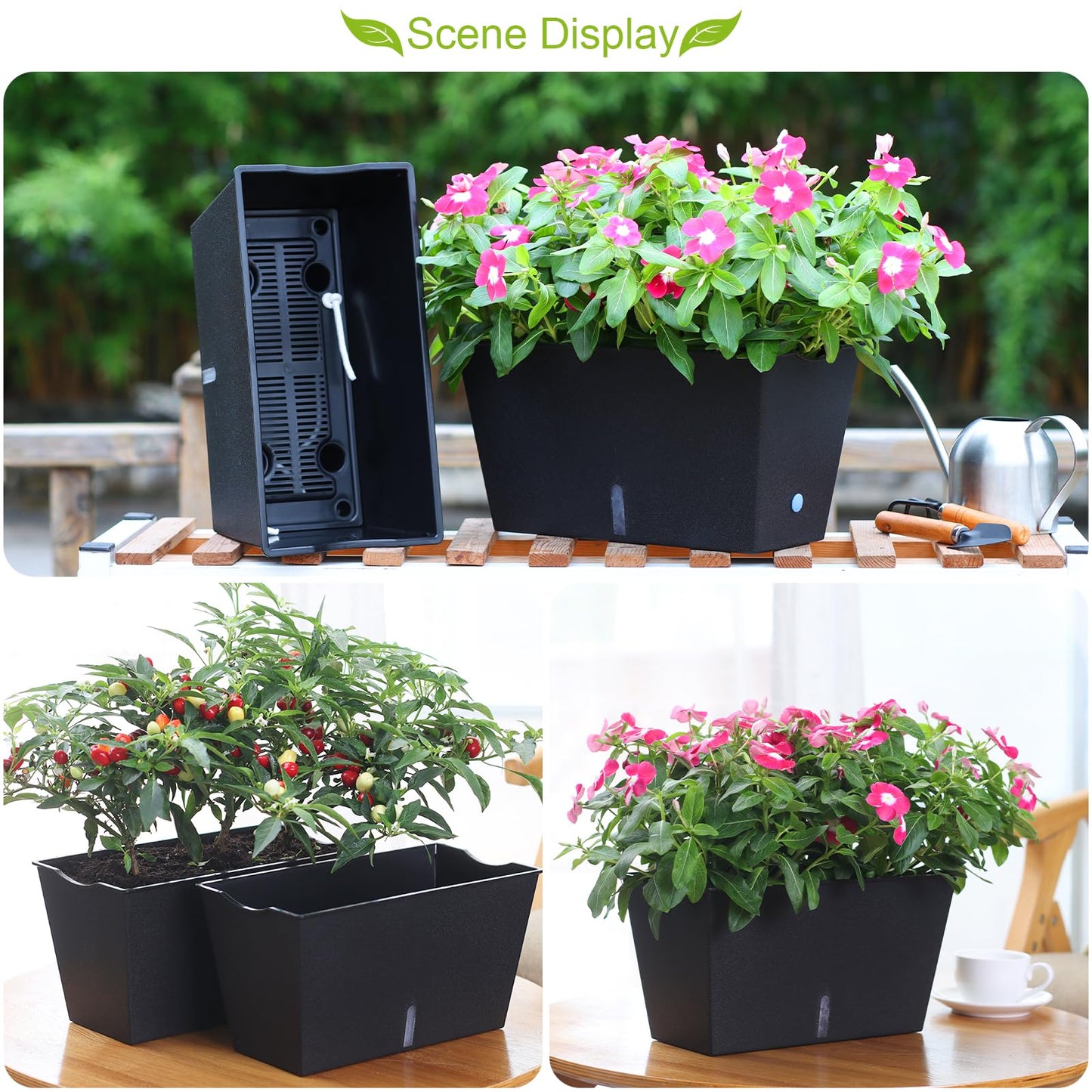 Window Box Planter 6 Pcs, 12.1 Inches Self Watering Plant Pots Rectangle Flower Pots with Drainage Holes and Breathable Trays, Vegetable Planters for Windowsill Patio Garden Balcony Porch Yard (Black)