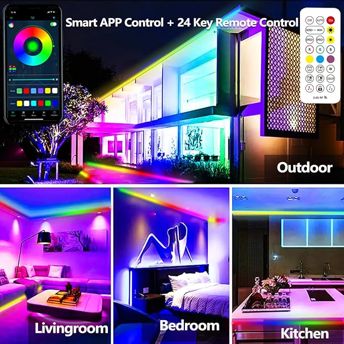 130FT (2 Rolls of 65FT) Outdoor LED Strip Light Waterproof,IP68 Outside RGB+IC Light Strip with App/Remote Control,Chase Mode,Music Sync Rope Light for Balcony,Deck,Rooftop,Garden,Pool