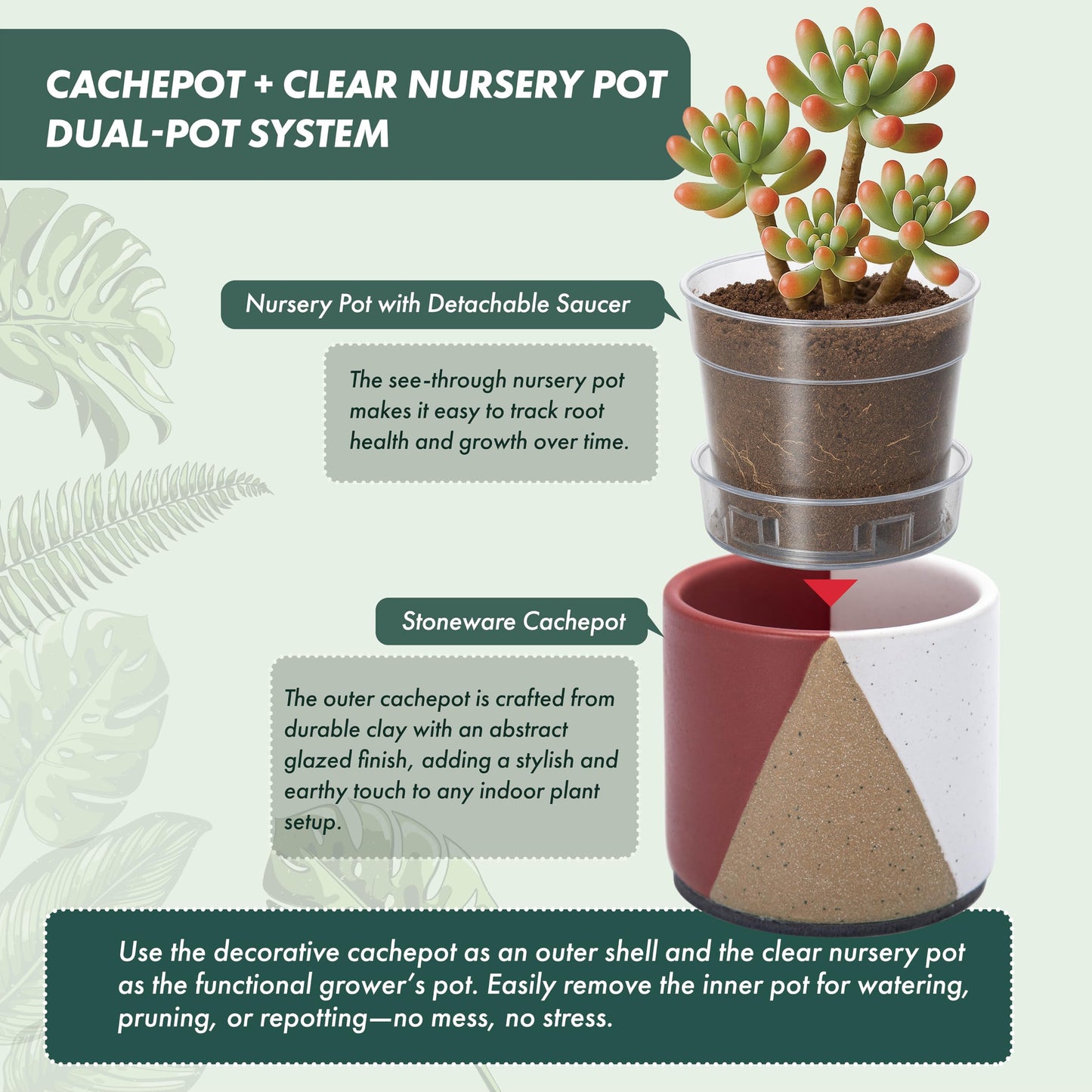 D'vine Dev 3.5" Stoneware Cachepot Planter with 3" Clear Nursery Pot & Detachable Saucer – Modern Indoor Plant Pot with Drainage for Bottom Watering & Root Visibility, Crimson Dune, 93-O-A-4