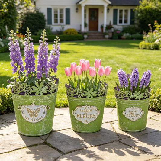 Zorvynelle 3-Piece Vintage Green Metal Planter Bucket Set, Rustic Farmhouse Decorative Flower Pots with Floral Cutout for Indoor Outdoor Garden Home Wedding Party Decor (Green#2)