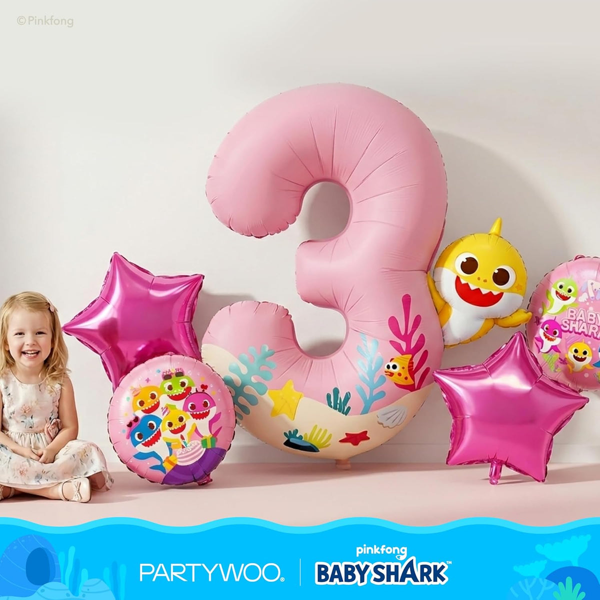 PartyWoo Baby Shark Pink Foil Number 3 Balloon - 5pcs 18-Inch Mylar Helium Birthday Decorations for Kids