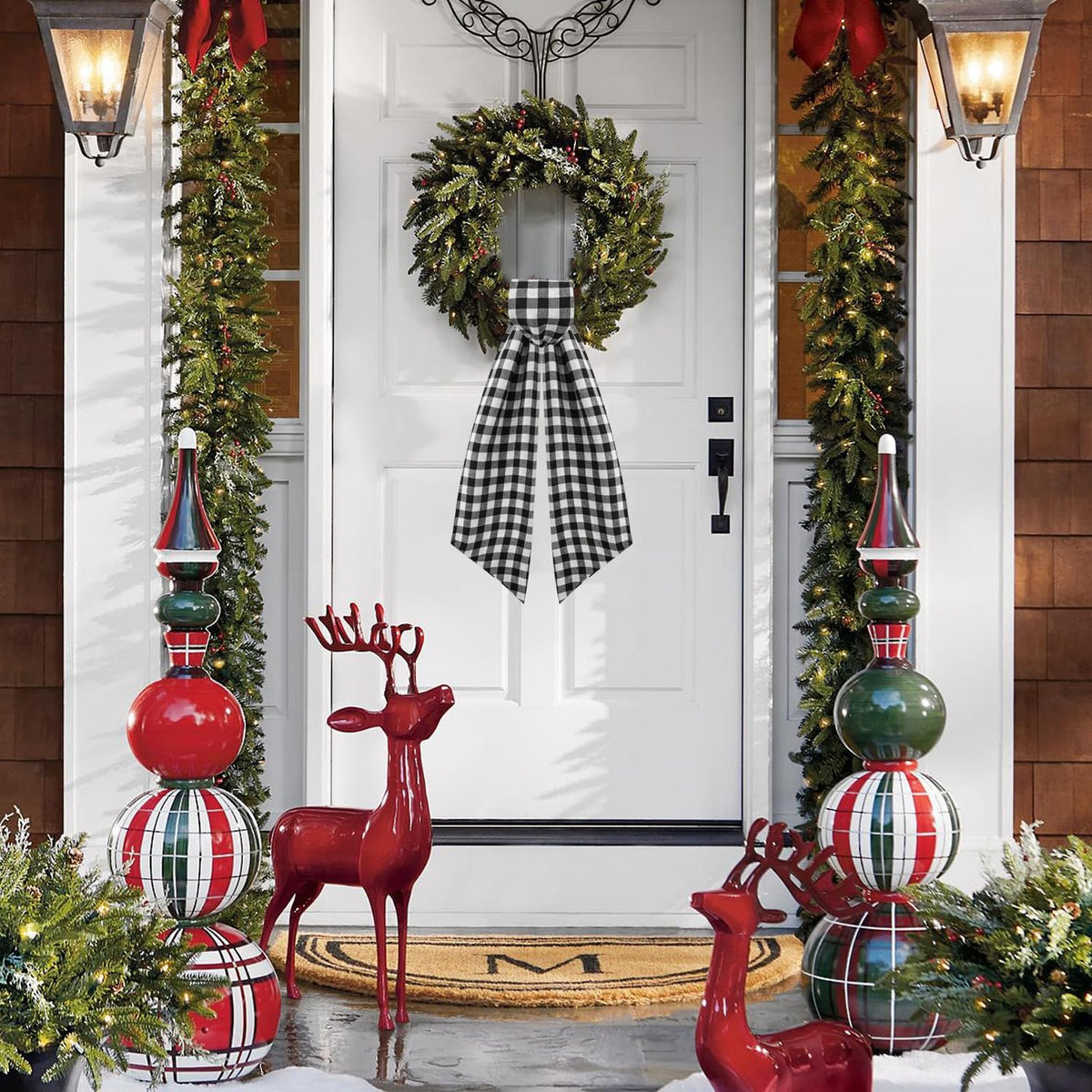 Skiennix 2 Pack Wreath Sash - Stylish Boxwood Garland Decor for Front Door | White & Black Plaid