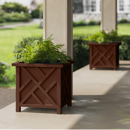 Lattice Design Outdoor Planter Box 2-Pack - 15.5” Square 16.5” Tall Brown Decorative Plant Pots for Front Porch Decor - Flower Pots Outdoor Planters for Porch Patio or Garden Decor by Pure Garden