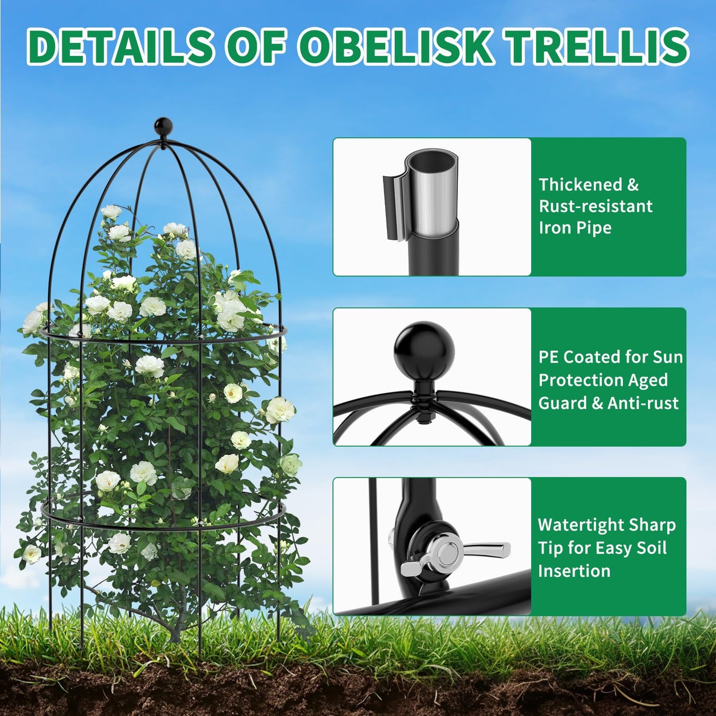 UrGROWA 3 Pack Metal Plant Cage Support, 31.5" H Peony Support Tomato Cage Garden Rose Obelisk Trellis Supports Tower for Clematis Vine Jasmine Supports Outdoor Indoor