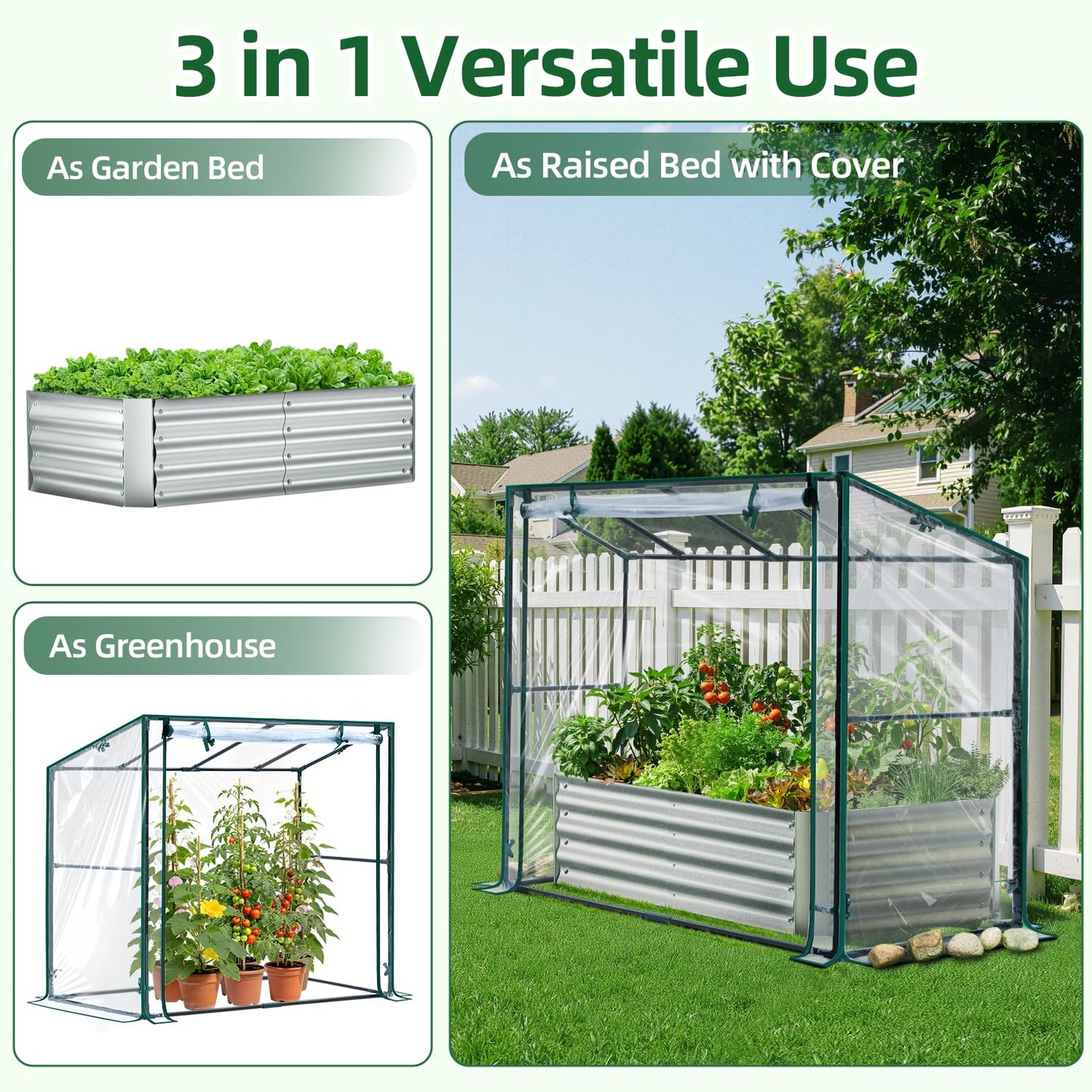 Ohuhu Raised Garden Bed with Cover Outdoor, 4x2x1 FT Galvanized Metal Planter Box with PVC Greenhouse Cover, Protects Plants from Frost Birds Insects, 3-in-1 Gardening Set for Vegetable Flower Herb