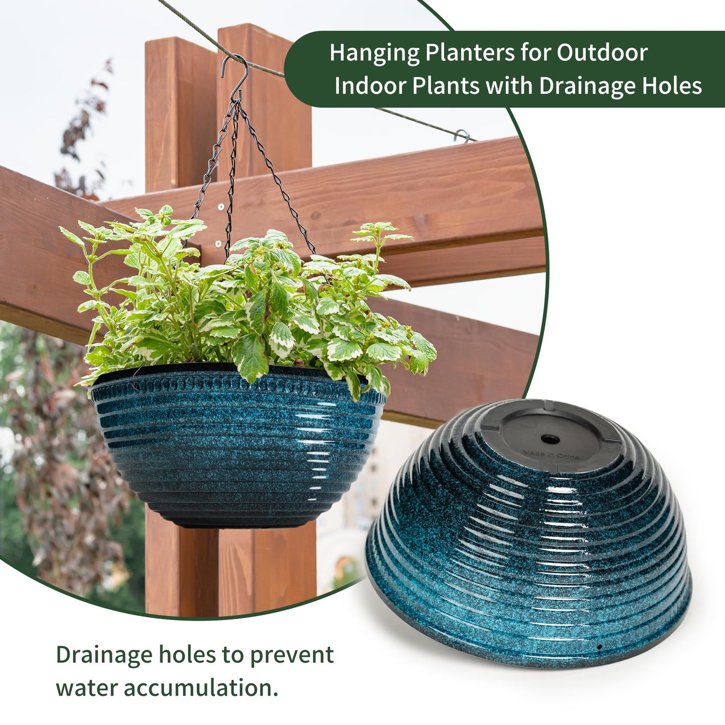 Vanslogreen 12 inch Hanging Planters for Indoor Outdoor Plants, 2 Pack Large Hanging Flower Pots with Drainage Holes and Chain, Glazed Hanging Baskets for Home Garden Decoration, Blue