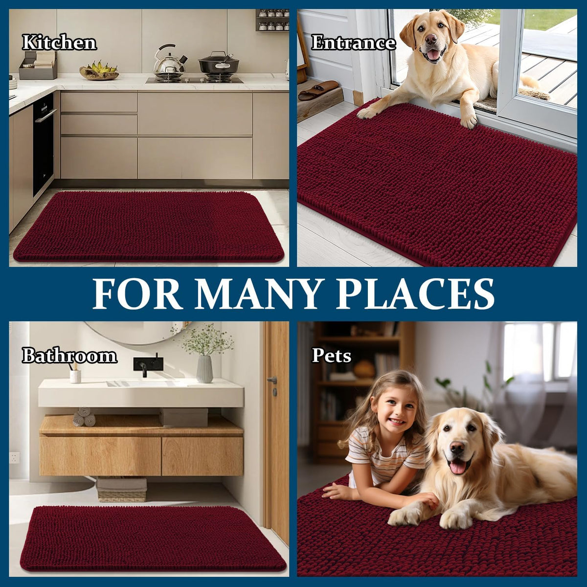 OLANLY Dog Door Mat - Absorbent Non-Slip Mud Mat for Dogs | Quick Dry Chenille, 70x24, Burgundy