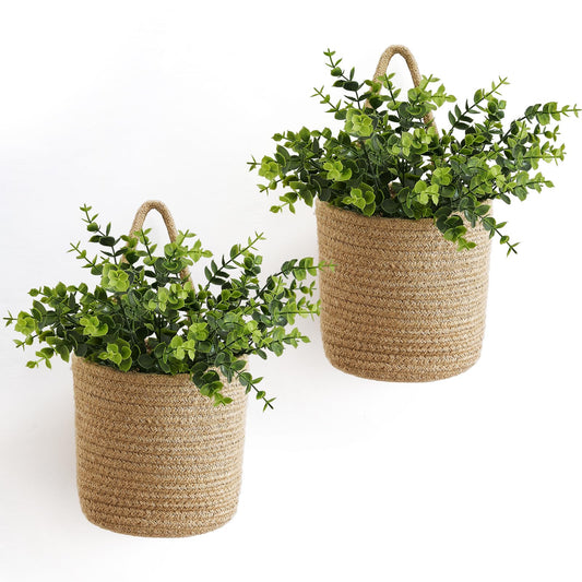 Dahey 2 Pack Wall Hanging Rope Basket (6.5"W×7"H) with Artificial Eucalyptus, Jute Woven Storage Organizer Flower Plants Basket Farmhouse Rustic Wall Decor for Porch Living Room Bedroom Entryway,Brown