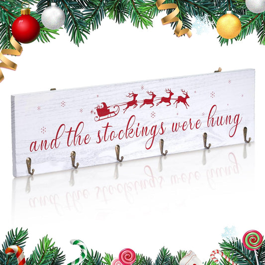Regine Switzerland Christmas Stocking Holder - 24 Inch White Wood Sign with 6 Hangers for Mantel