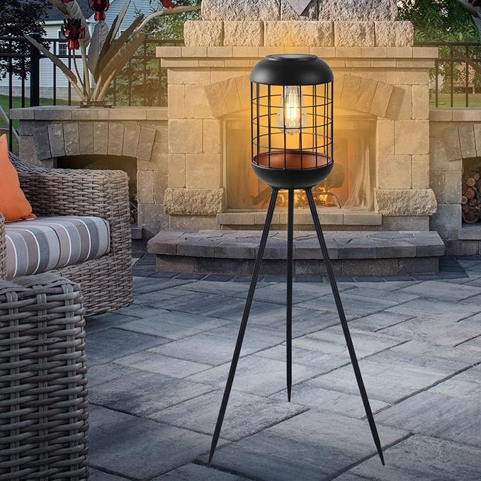 Solar Floor Lamp Outdoor Large Lanterns for Patio, Waterproof Big Solar Lamp Outdoor Metal Tripod Solar Lights for Deck Lawn Yard or Porch Decor(Black)