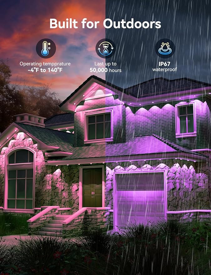50FT Permanent Outdoor Lights -RGB Eaves Lights with App Control Remote,DIY Scene Modes IP67 Waterproof Outside LED Light for Christmas, Holiday, Daily, House Roof Eternity Lighting