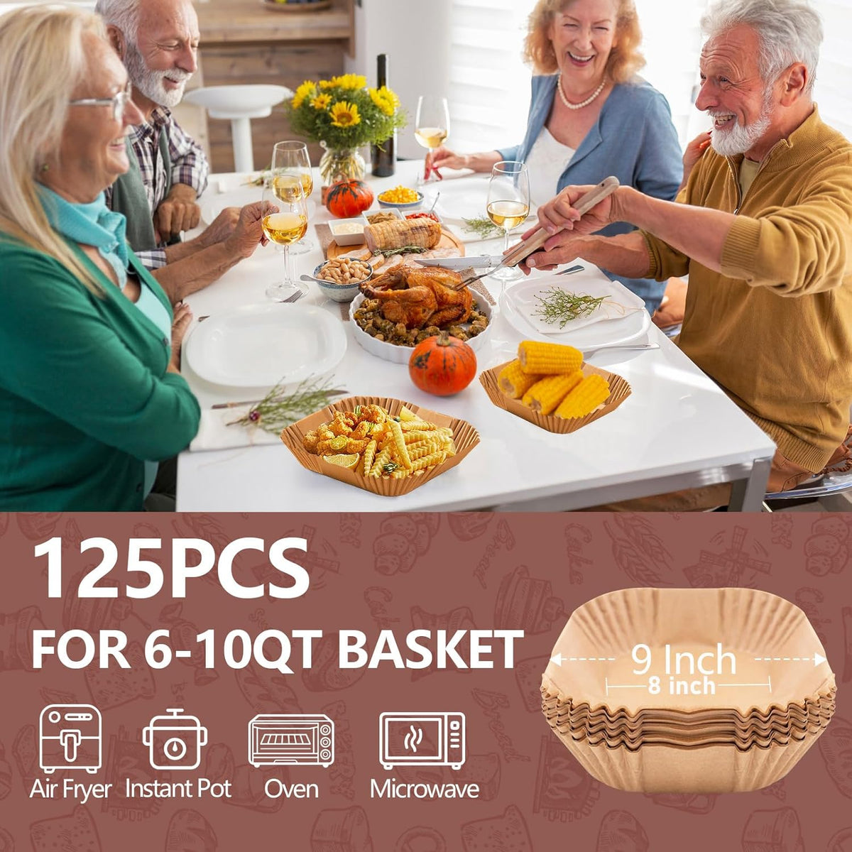 UBeesize 9-Inch Air Fryer Parchment Liners - 125 Pack of Square Non-Stick Baking Sheets (8-Inch Base)
