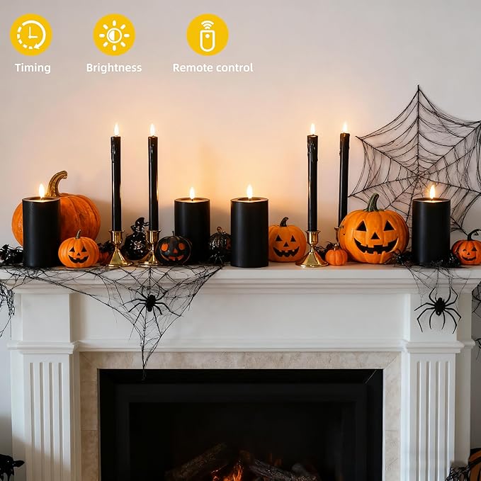 Black Flameless Candles, Battery Operated Candles, Real Wax Black LED Candles, Flickering Remote Control for Home Fall Halloween Decor Party Gifts, Set of 4