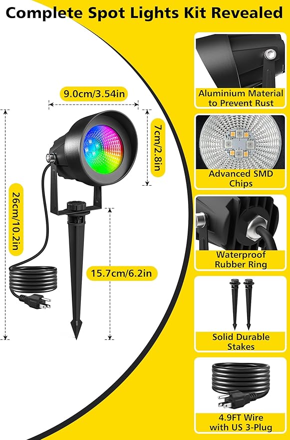 T-SUN Spot Lights Outdoor Waterproof IP65 with US Plug, 270° Adjustable, App & Remote Control, Timer, Dimmable, Music Sync, Multi Scenes, Color Changing Landscape Lights for Yard Garden