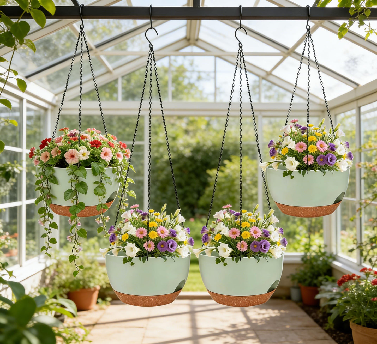 zople Set of 2-8 Inch Self Watering Hanging Planters for Indoor Outdoor，Hanging Plant Pots with Drainage & Removable Tray, Hanging Pots Holder for Ivy, Pothos, Ferns, Balcony & Patio, Green Brown