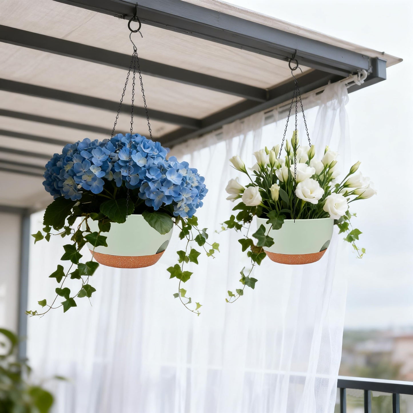 zople Set of 2-8 Inch Self Watering Hanging Planters for Indoor Outdoor，Hanging Plant Pots with Drainage & Removable Tray, Hanging Pots Holder for Ivy, Pothos, Ferns, Balcony & Patio, Green Brown