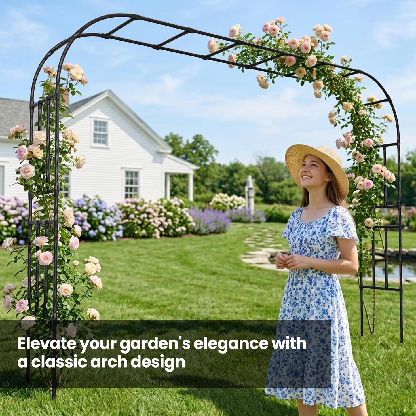 popsea Extra Large Garden Arch Trellis- 98.4‘‘L×94.8’’H Rust-Proof Metal Driveway Archway | Heavy Duty Arbor for Climbing Plants Outdoor, Garden Arch for Lawn, Party, Ceremony Wedding Decoration