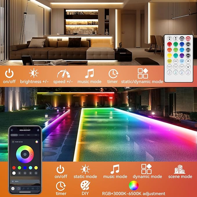 50Ft Outdoor RGBWW+IC LED Strip Lights, IP67 Waterproof Multi-Colored+3000K-6500K 24V LED Lights with Remote and APP, Music Sync Color Changing LED Tape Lights,DIY Strip Lighting for Courtyard Garden