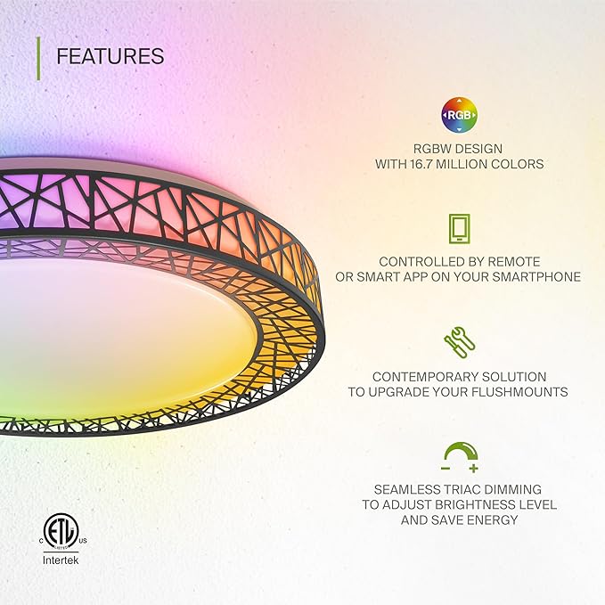 ASD 20 Inch Smart RGBW Flush Mount Ceiling Light with Remote - Matte Black 42W 120V 2700-6500K Dimmable Ceiling Light Fixture, WiFi App Control RGB Lights, Alexa & Google Assistant - ETL