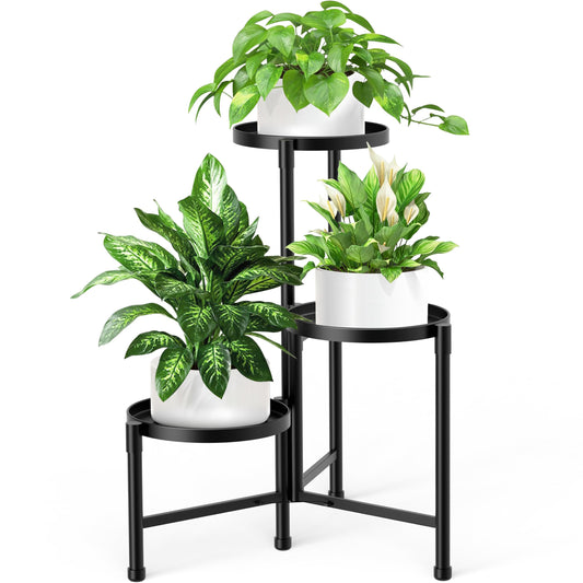 ZOXILEN 3 Tier Metal Corner Plant Stand Indoor Outdoor, Heightened widened 30'' Tall Multiple Flower Pot Display Holder, Iron Plant Rack Organizer for Living Room Garden Patio Balcony Office (black)