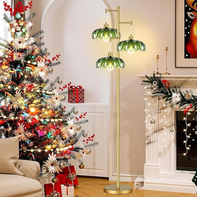 Gold Floor Lamps for Living Room Bedroom-3 Light Glass Floor Lamp with Three Led Bulb,Mid Century Standing Lamp Vintage Brass Tall Lamp Tree Floor Lamp for Bedroom Corner
