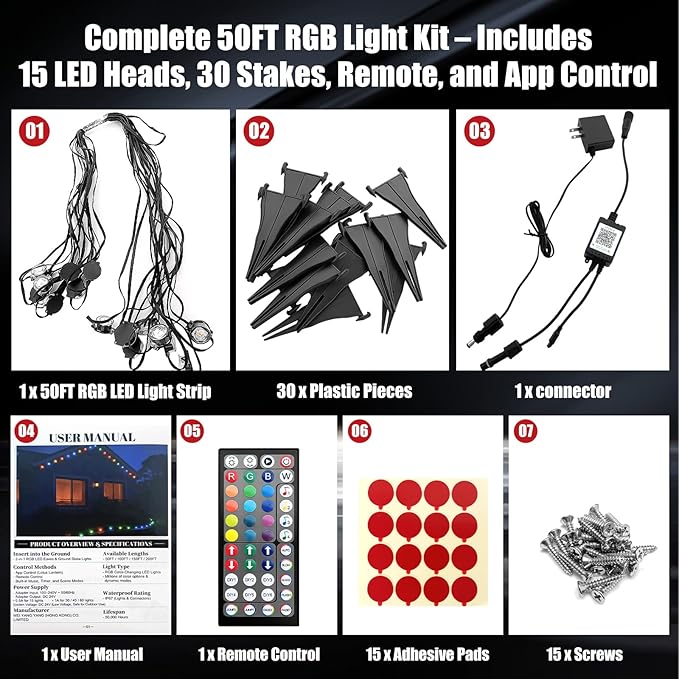 50FT Permanent Outdoor Lights, Waterproof 2-in-1 Eaves & Ground Stakes LED String Lights with App/Remote Control for House, Garden– Smart Color-Changing Lighting for Halloween Christmas Decorations