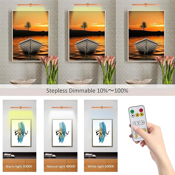 MIOBLUE LED Picture Light Battery Operated with Remote, 16in Rechargeable Picture Light for Paintings,Metal Display Art Light with Timer and Dimmable for Frame,Wal,Artwork,Portrait,Gallery,Dartboard
