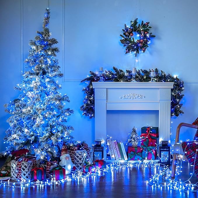 JMEXSUSS 400 LED Christmas Lights Indoor Outdoor, 132 ft 8 Modes Blue and White String Lights Plug in with Remore, Christmas Tree Lights for Bedroom Party Outside Patio Tree Holiday Xmas Decorations