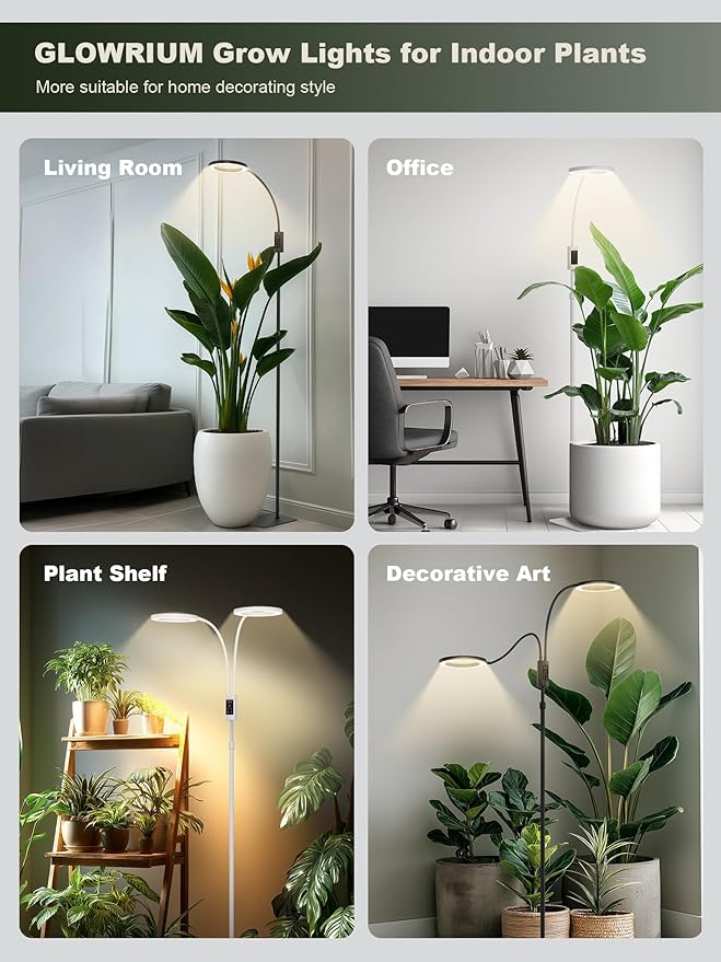 GLOWRIUM Smart Grow Lights for Indoor Plants, 48W Full Spectrum Plant Lights with Bluetooth App, Adjustable Height 47-70.9", Auto Timer, Indoor Plant Lamp for Large Tall Plants（Black 48W）