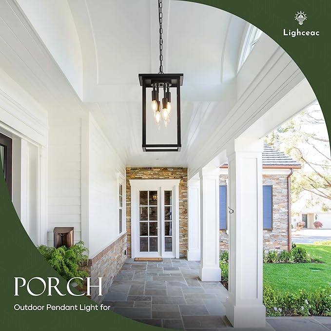 10" Modern 4-Light Exterior Black Square Lantern Pendant Light Fixture with Clear Glass Industrial Hanging Cage Chandelier for Outdoor Porch Kitchen Island Dining Room Hallway Entryway Foyer