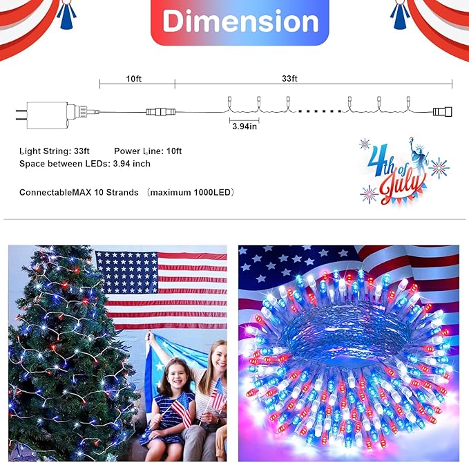 JMEXSUSS 2 Pack 100 LED Red White and Blue Lights, 33ft Connectable 4th of July Lights Outdoor, 8 Modes Patriotic String Lights Indoor for Independence Day 4th of July Memorial Day Holiday Decor