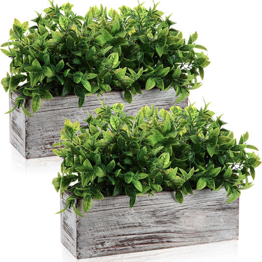 Lyrow 2 Pack Artificial Eucalyptus Plants in Rectangular Rustic Wooden Planter Box Faux Potted Herb Plant Greenery Centerpiece for Cabinet Windowsill Table Shelf Wedding Farmhouse Decor (White,11.4'')